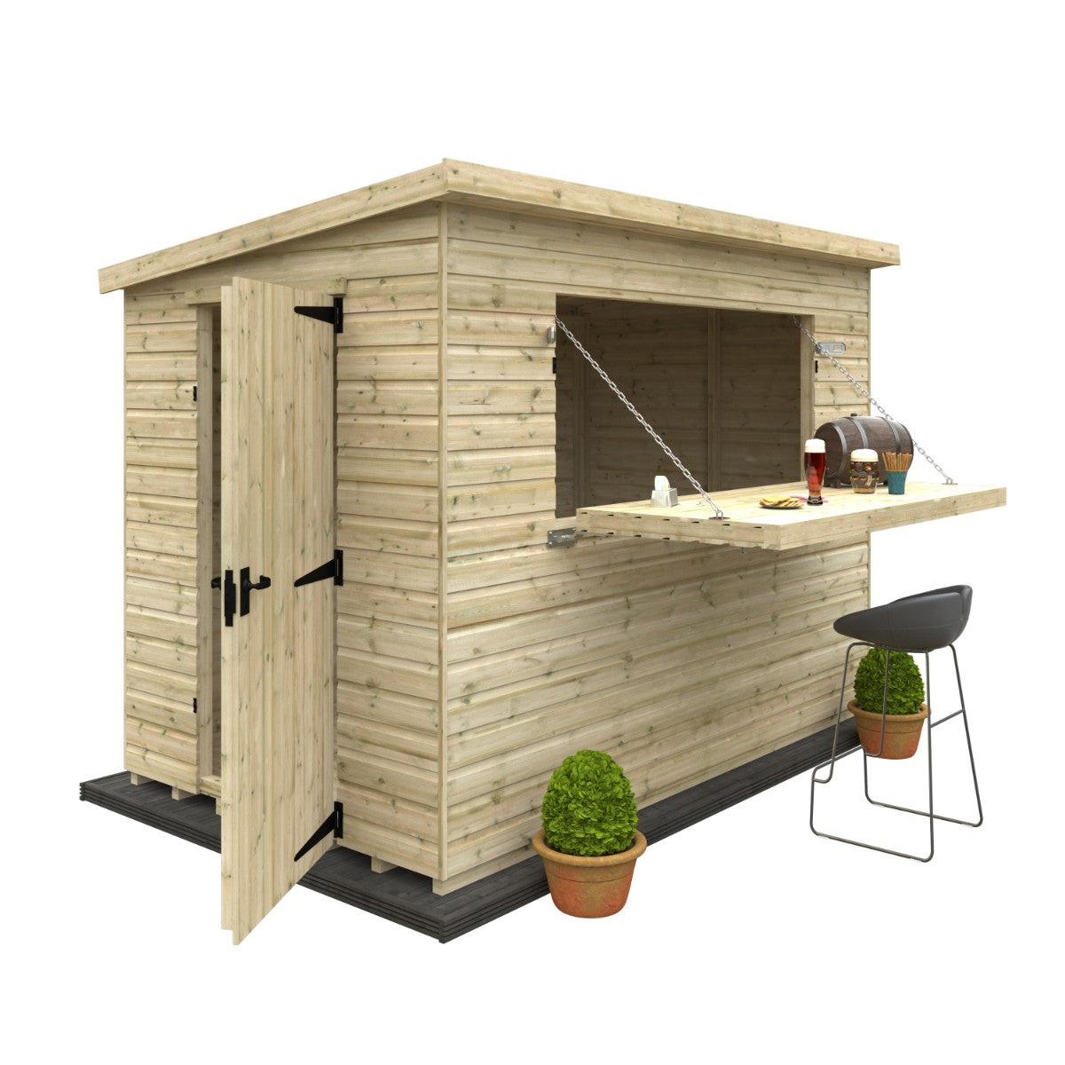 Angled cutout view of the 10ft wide x 6ft deep Broadfield tanalised bar shed with serving hatch closed, showing clean timber lines and enclosed bar frontage