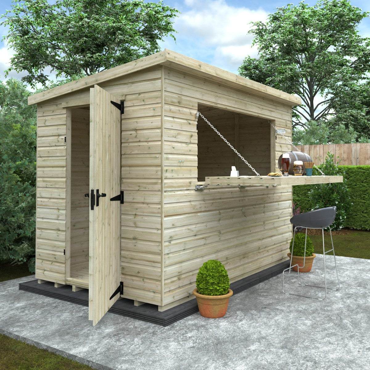 Angled lifestyle view of the 10ft wide x 6ft deep Broadfield tanalised bar shed with side door and serving hatch open, showing a functional garden bar layout