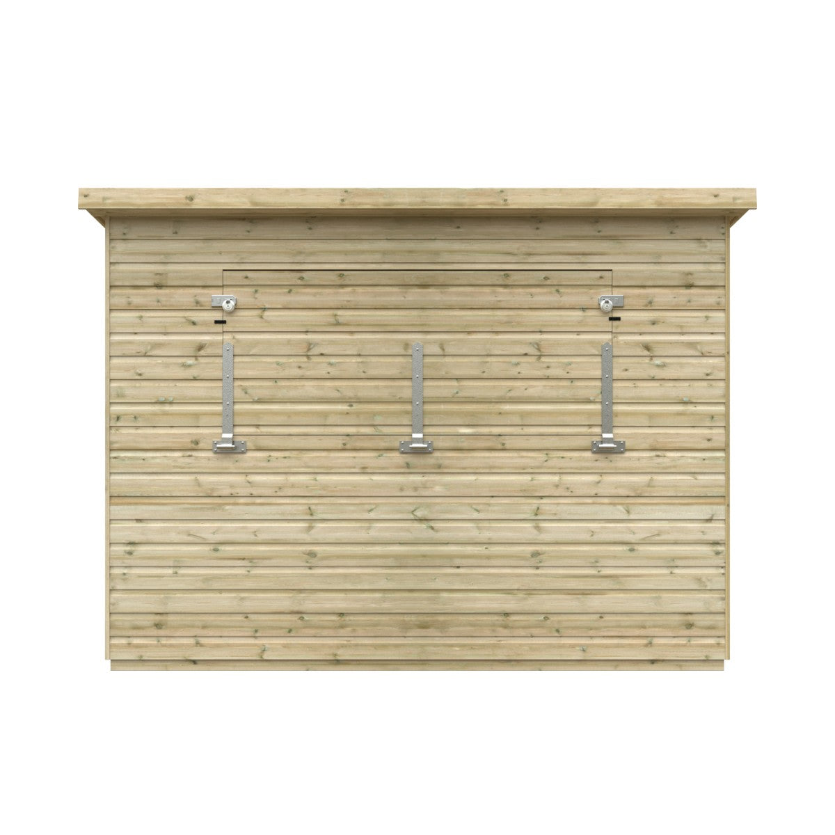 Front cutout view of the 10ft wide x 6ft deep Broadfield tanalised bar shed with serving hatch closed, showing a neat, enclosed frontage and timber finish