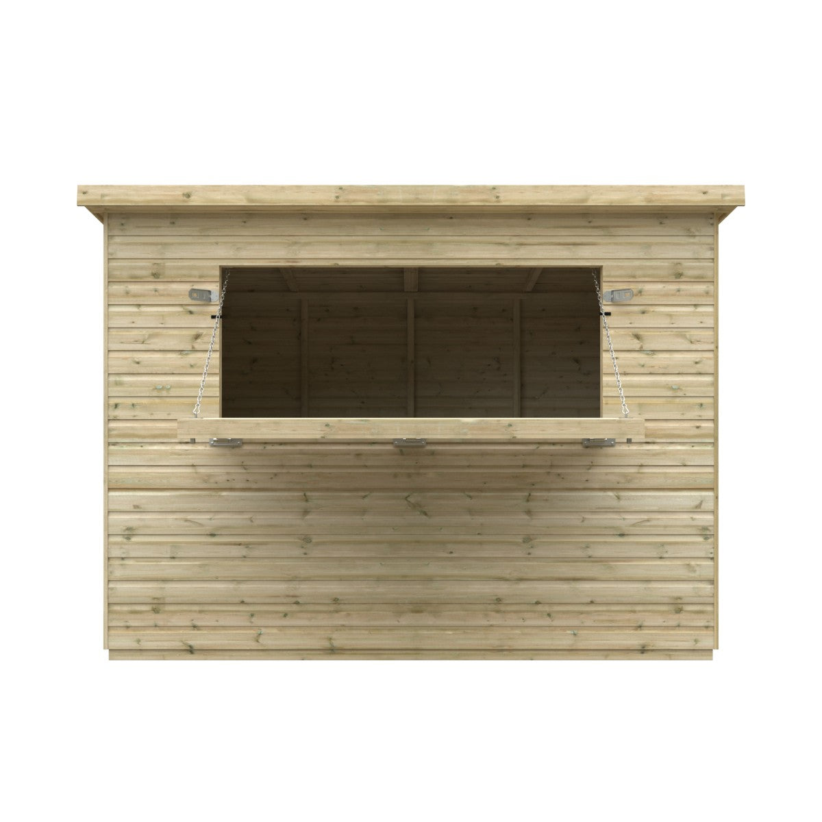 Front cutout view of the 10ft wide x 6ft deep Broadfield tanalised bar shed with serving hatch open, highlighting the counter ledge and interior bar space