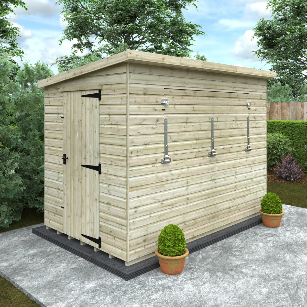 lifestyle view of the 10ft wide x 6ft deep Broadfield tanalised bar shed, showing clean timber cladding, solid roofline, and a tidy garden setting