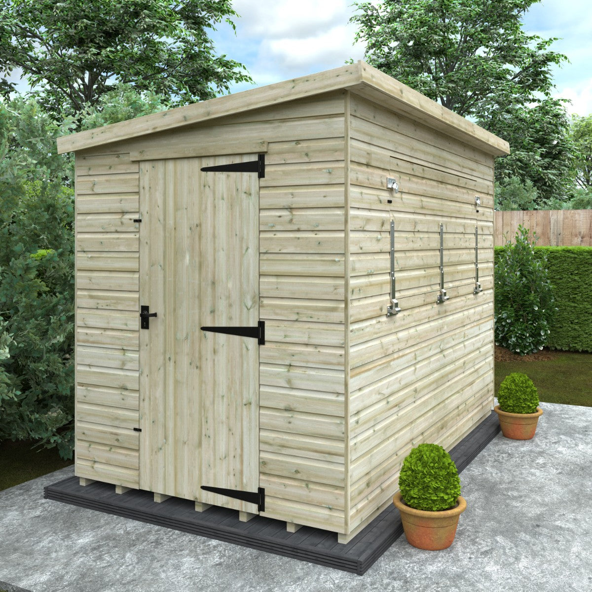 Angled left lifestyle view of the 10ft wide x 6ft deep Broadfield tanalised bar shed, highlighting the solid door, timber finish, and compact footprint