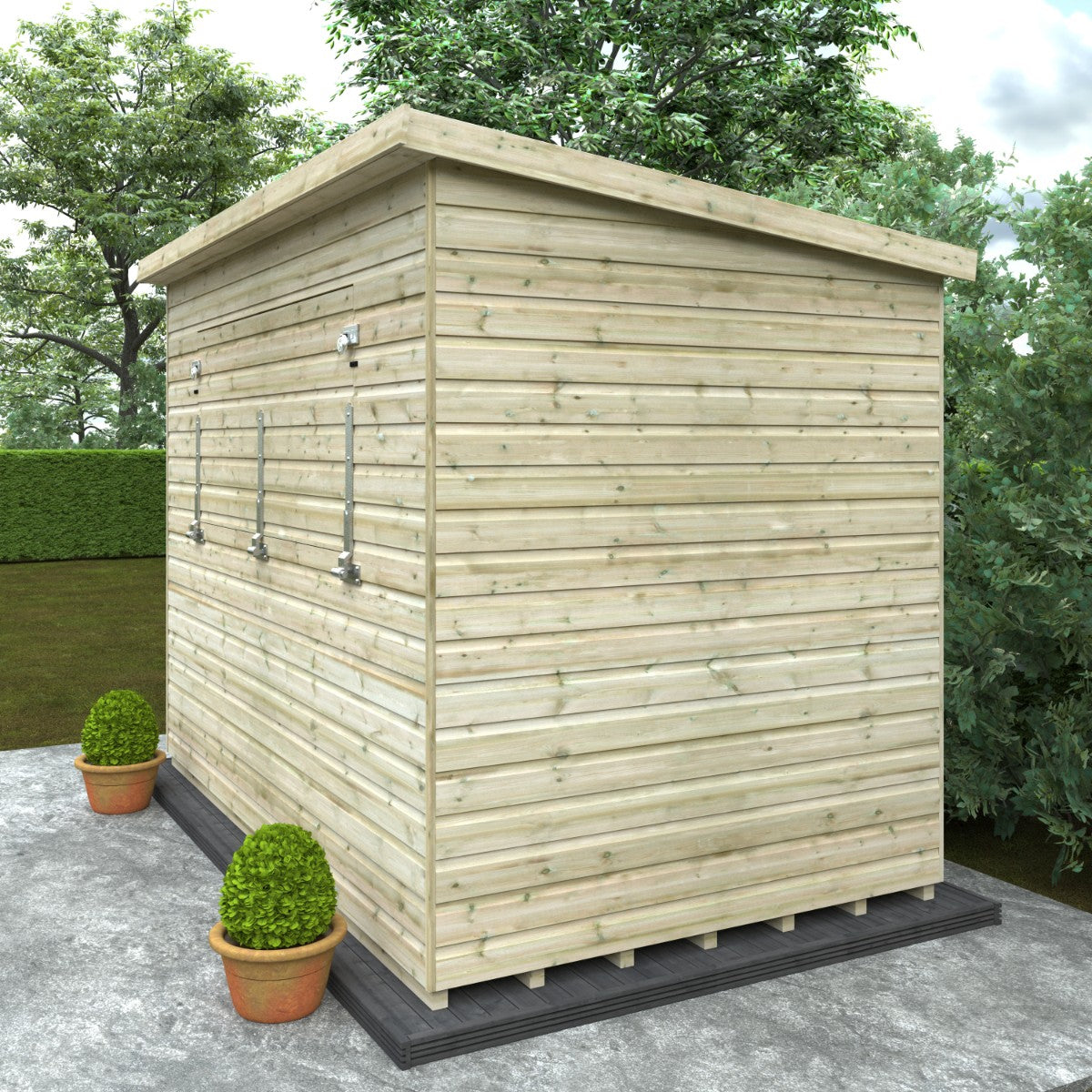 Angled right hand side lifestyle view of the 10ft wide x 6ft deep Broadfield tanalised bar shed, highlighting the smooth timber finish and compact footprint