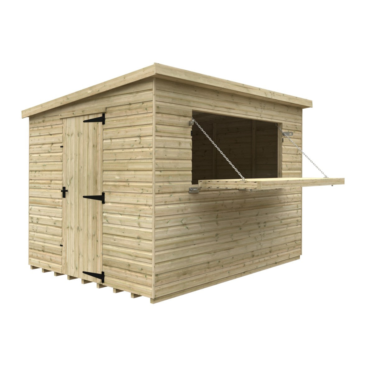 Angled cutout view of the 10ft wide x 8ft deep Broadfield tanalised bar shed with serving hatch open, highlighting the counter ledge and interior bar space