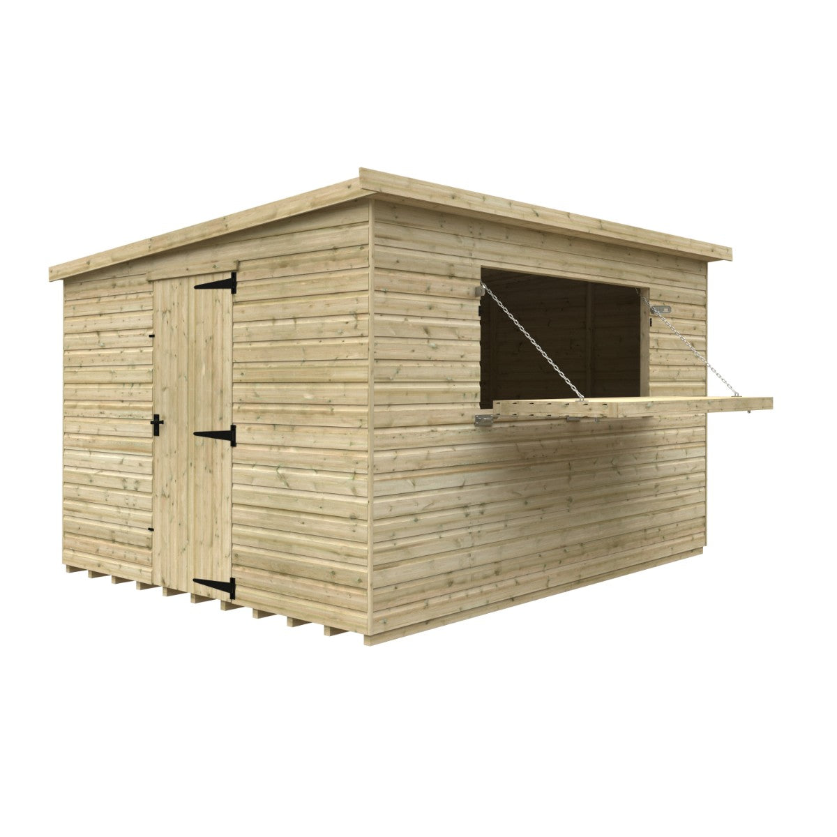 Cutout view of the Broadfield tanalised bar shed measuring 12ft wide x 10ft deep, showing front serving hatch, internal bar space and side door