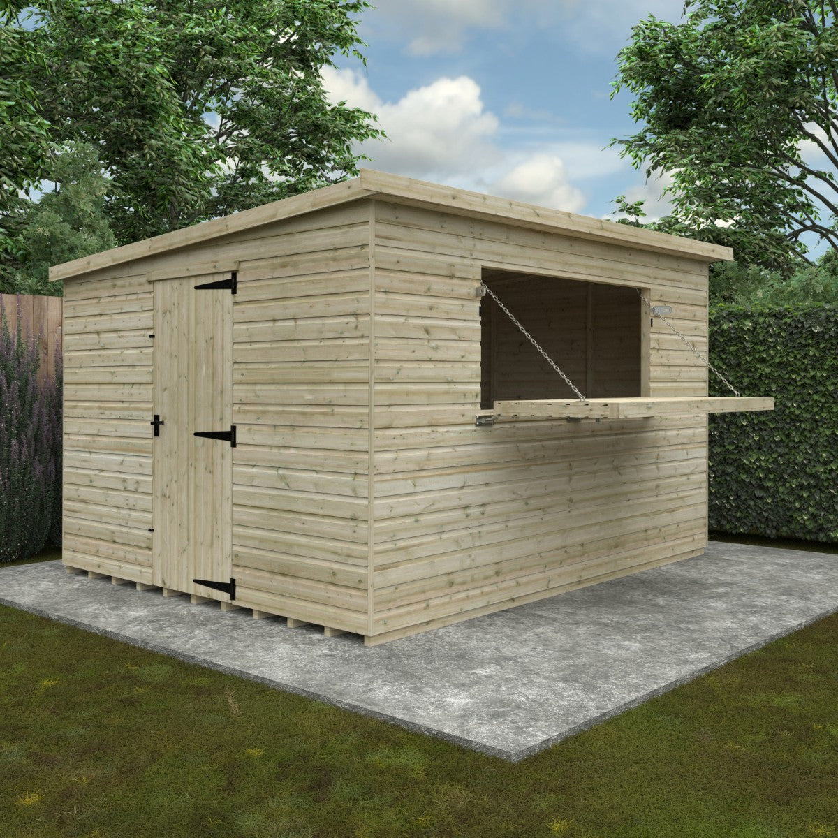 Lifestyle view of the Broadfield tanalised bar shed measuring 12ft wide x 10ft deep in a garden setting, featuring open serving hatch and side door