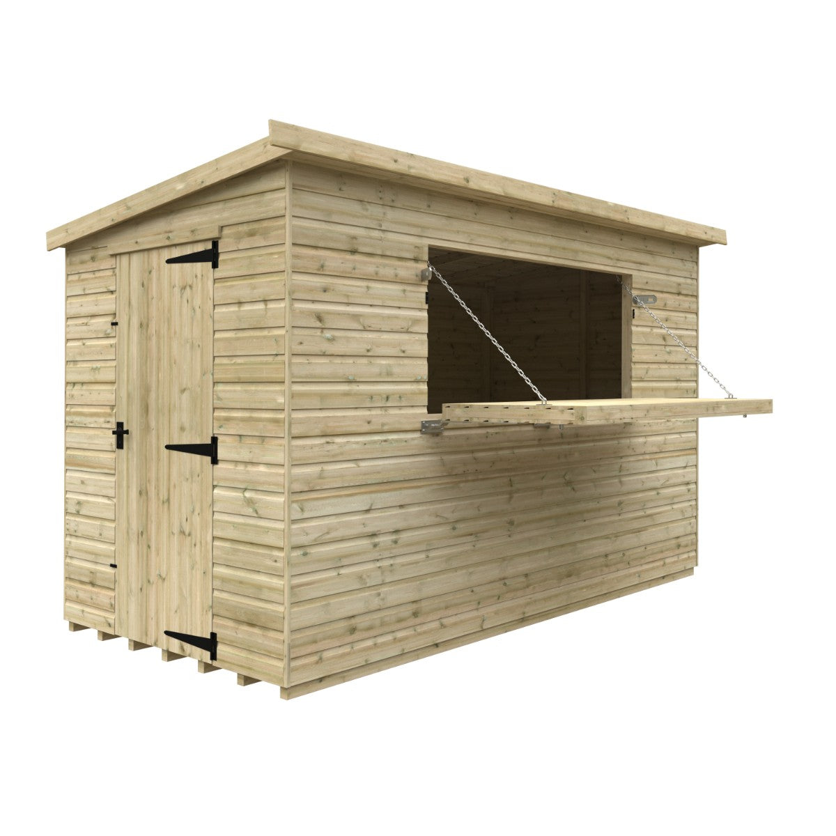 Angled cutout view of the 12ft wide x 6ft deep Broadfield tanalised bar shed with serving hatch open, showing the counter ledge and interior bar space