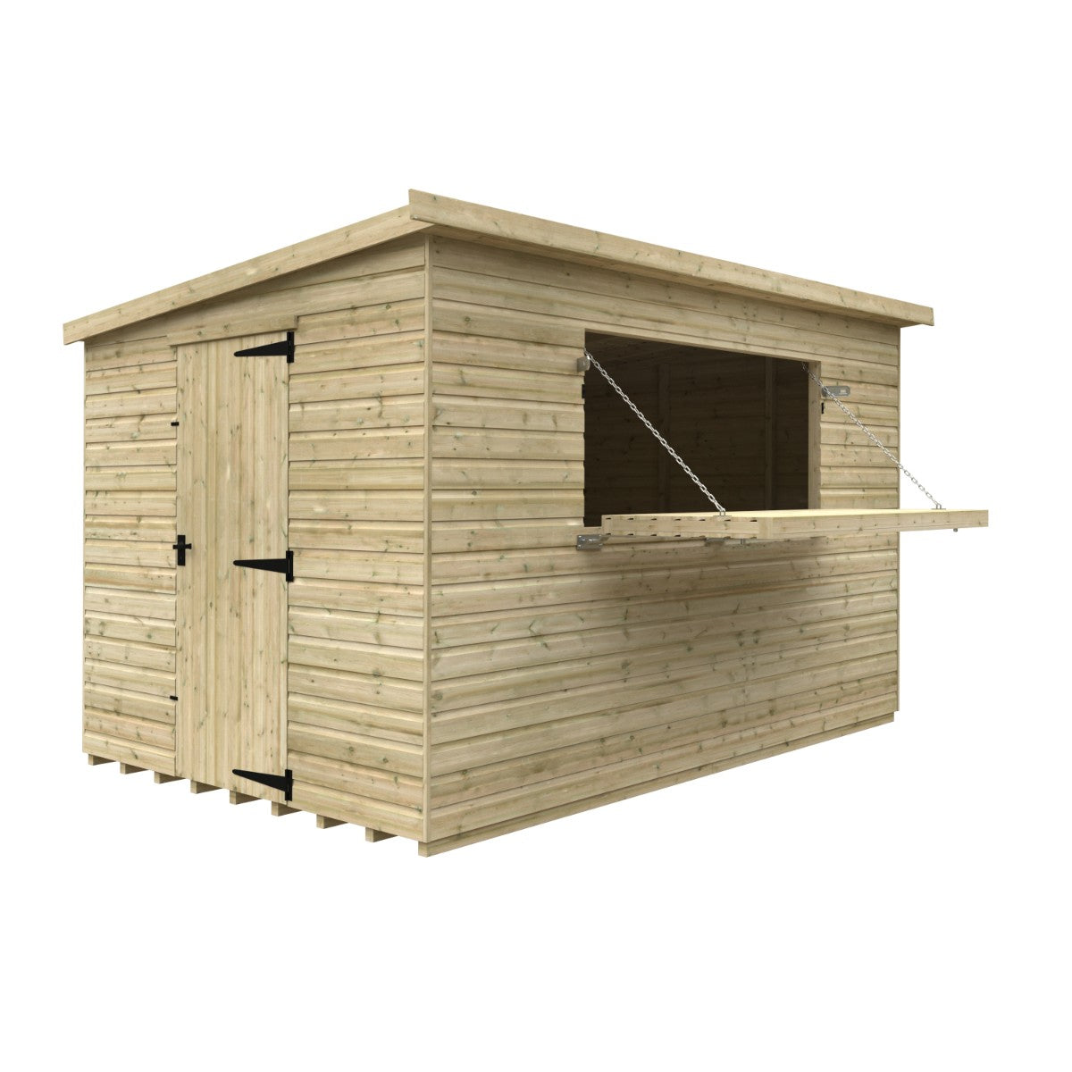 Angled cutout view of the 12ft wide x 8ft deep Broadfield tanalised bar shed with serving hatch open, showing the counter ledge and interior bar space
