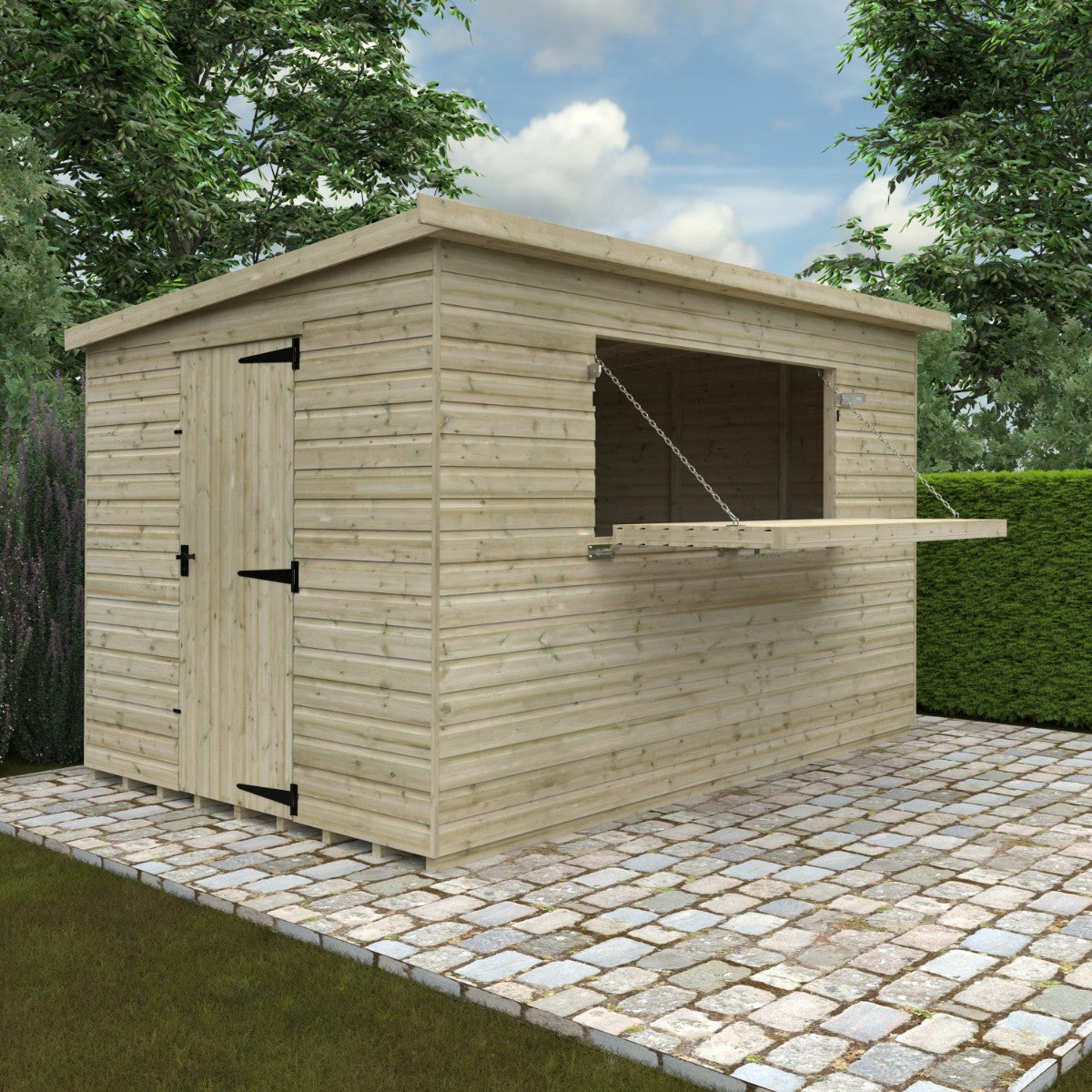 Angled lifestyle view of the 12ft wide x 8ft deep Broadfield tanalised bar shed, showing side door access, open serving hatch, and garden setting
