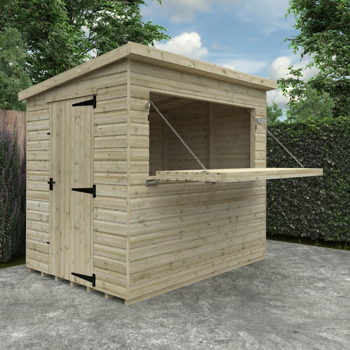 Angled lifestyle view of the 8ft wide x 6ft deep Broadfield tanalised bar shed, showing open serving hatch, side door access, and timber cladding