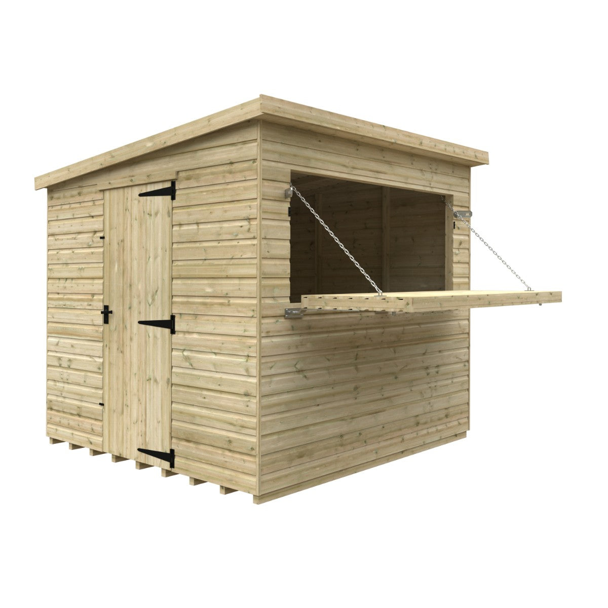 Angled cutout view of the 8ft wide x 8ft deep Broadfield tanalised bar shed with serving hatch open, highlighting the counter ledge and interior bar space
