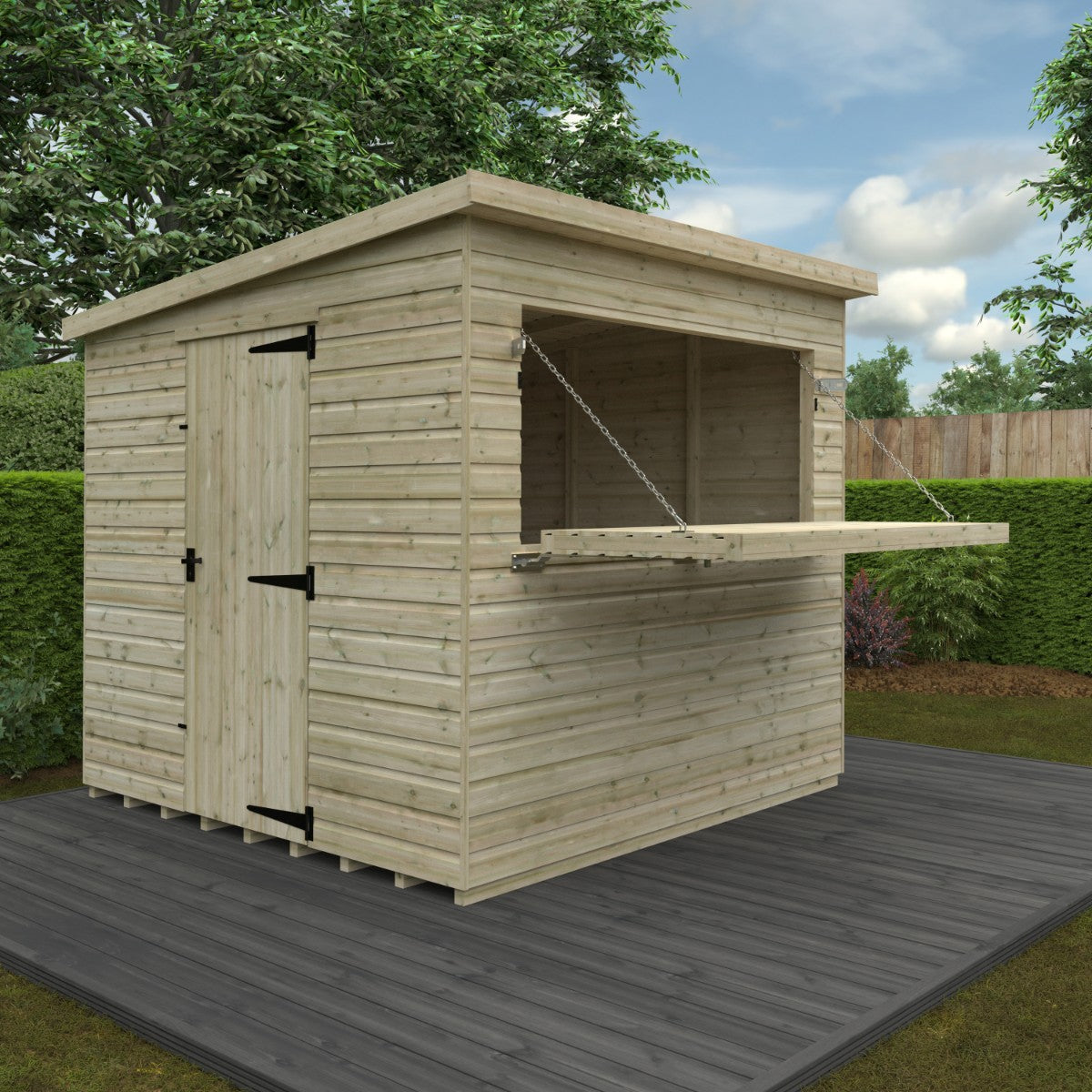 Angled lifestyle view of the 8ft wide x 8ft deep Broadfield tanalised bar shed, showing side door access, open serving hatch, and garden deck setting
