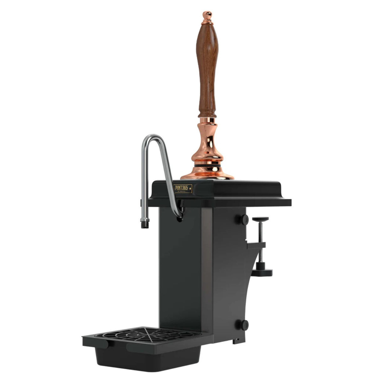 Cutout view of the Harry Mason Pint 365 Beer Pump in copper finish with wooden black plinth and wooden truncheon handle.