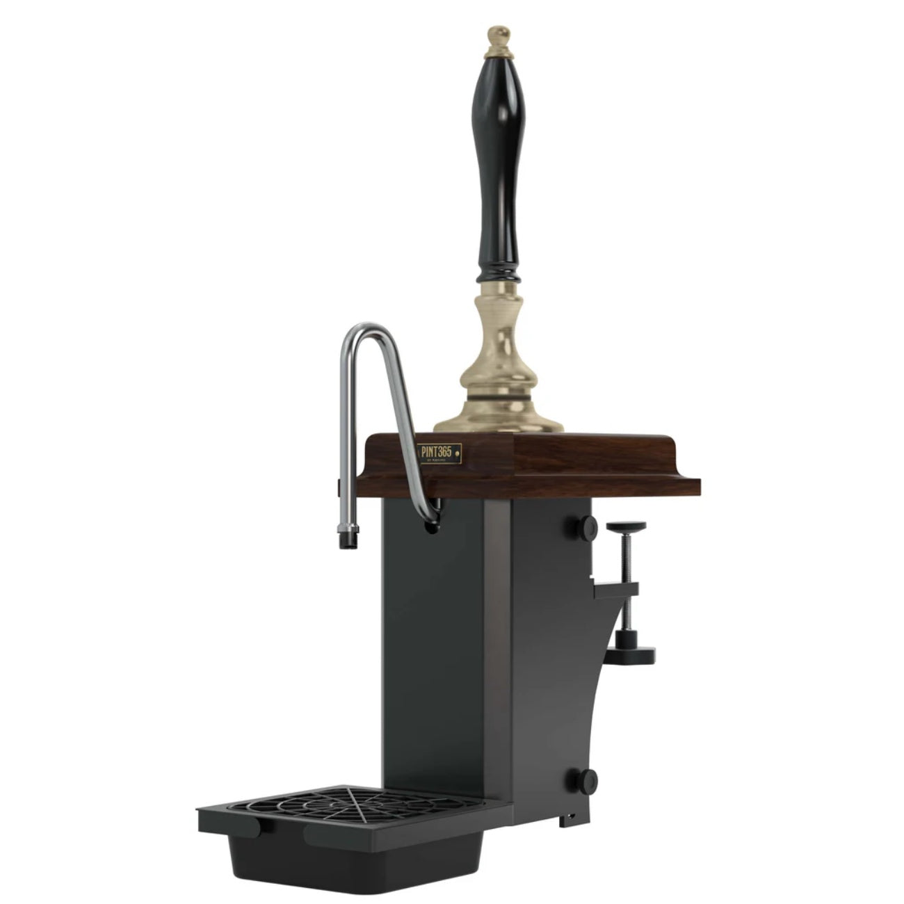 Front view of the Harry Mason Pint365 Beer Pump with Antique Brass finish, wooden mahogany wooden plinth and black plastic handle, showing classic pub styling and drip tray.