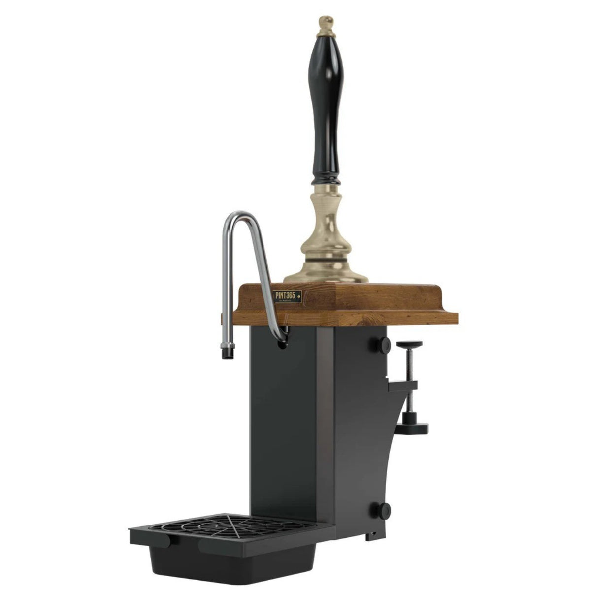 Front view of the Harry Mason Pint365 Beer Pump with Antique Brass finish, wooden oak plinth and black plastic handle, showing compact home bar setup with clamp mount and drip tray.