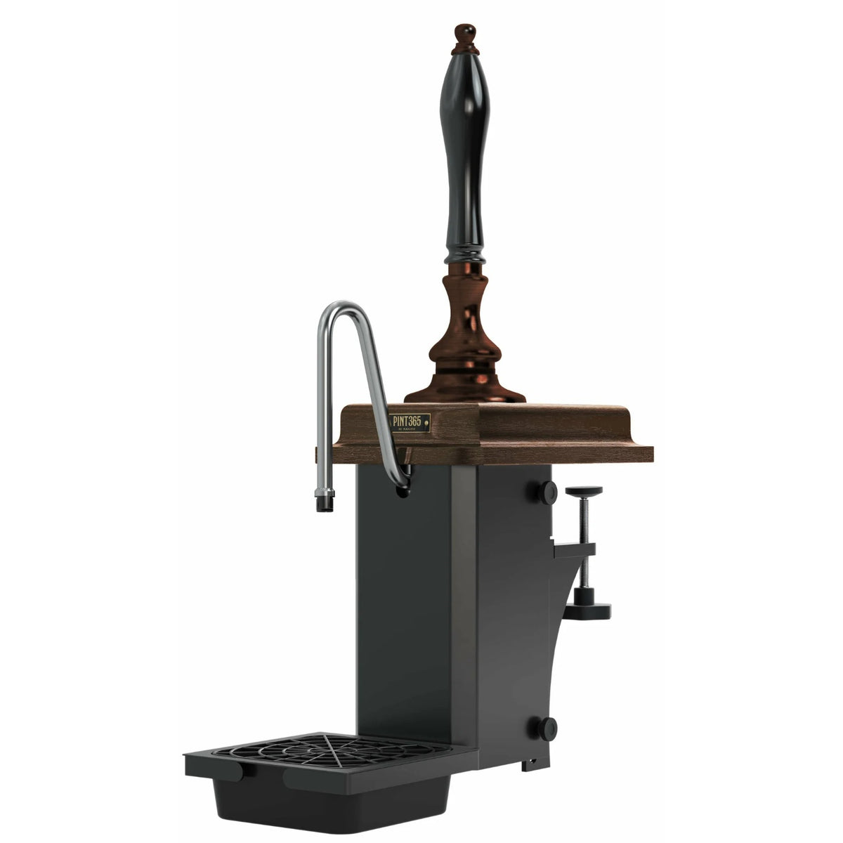 Harry Mason Pint 365 Beer Pump with Antique Copper finish, plastic mahogany plinth and black plastic handle, highlighting sturdy clamp mount and drip tray.