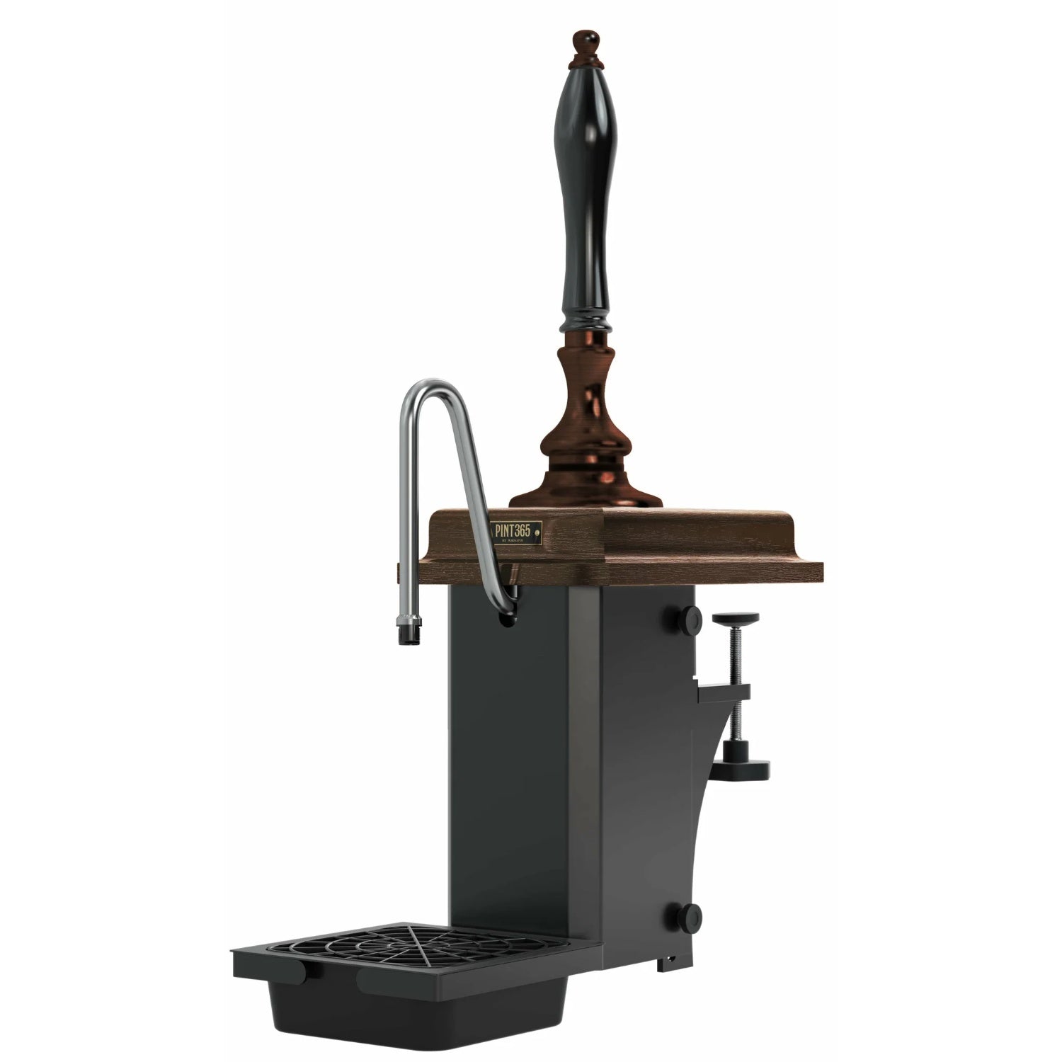 Harry Mason Pint 365 Beer Pump with Antique Copper finish, plastic mahogany plinth and black plastic handle, highlighting sturdy clamp mount and drip tray.