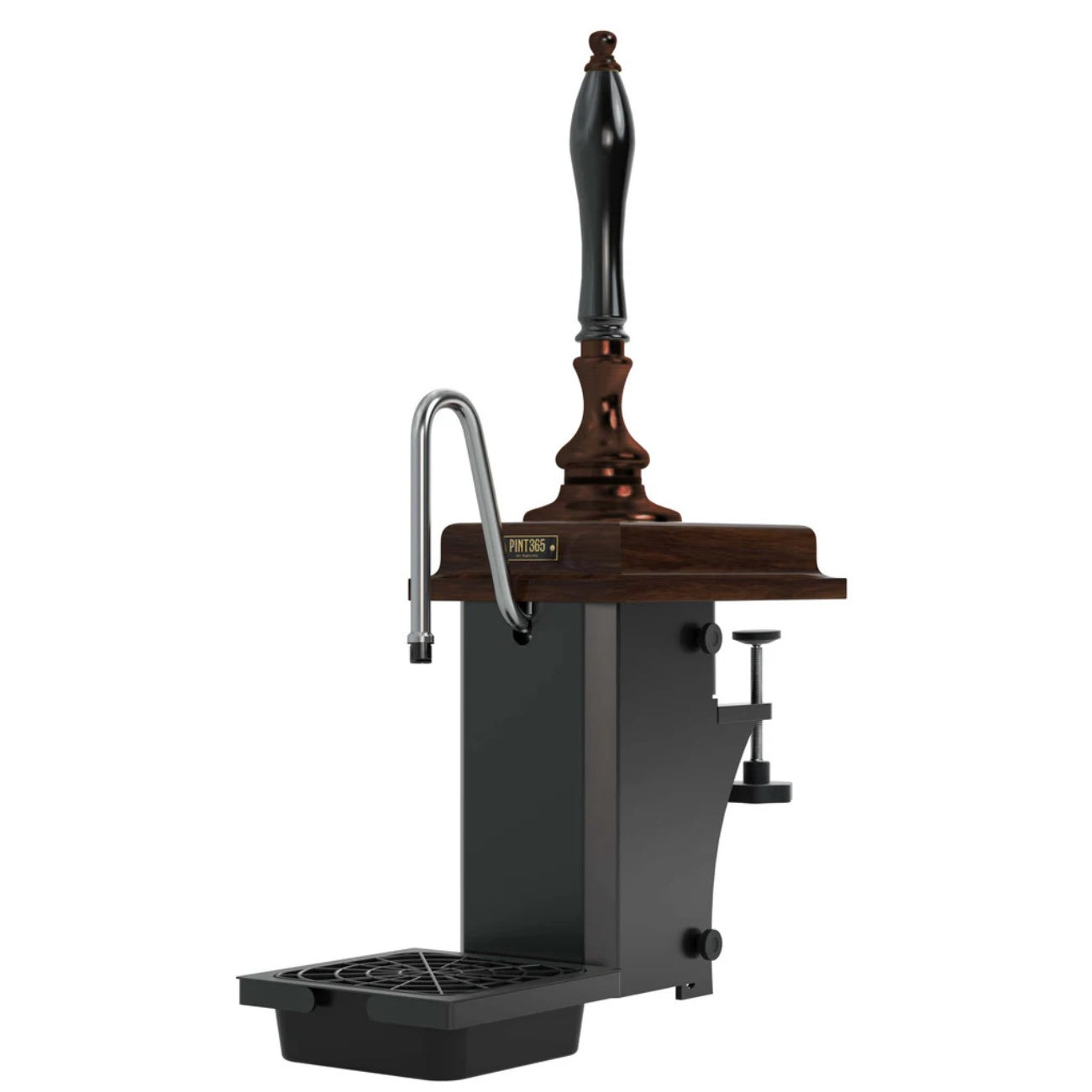 Harry Mason Pint 365 Beer Pump with Antique Copper finish, wooden mahogany plinth and black plastic handle, highlighting sturdy clamp mount and drip tray.