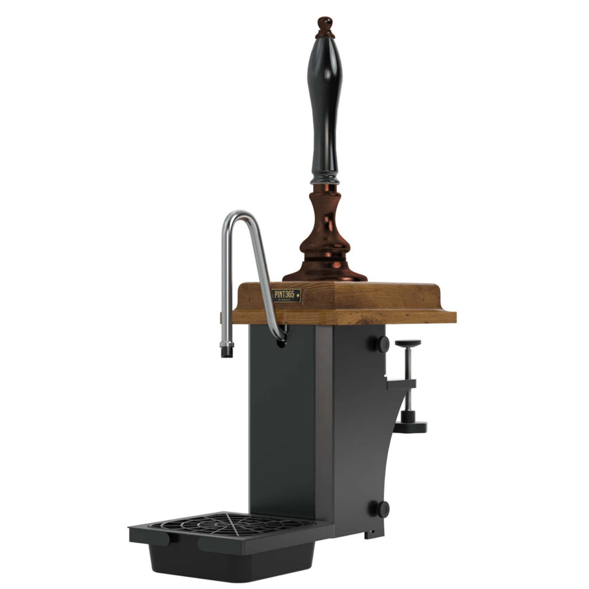 Harry Mason Pint 365 Beer Pump with Antique Copper finish, wooden oak plinth and black plastic handle. Showing traditional pump action, clamp fixing and integrated drip tray.
