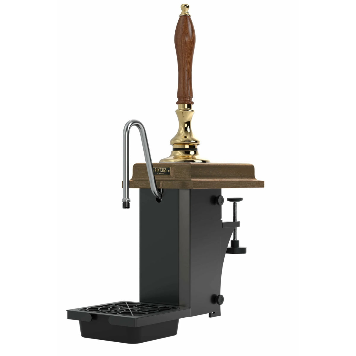 Cutout view of the Harry Mason Pint 365 Beer Pump with Brass finish, plastic oak plinth and handle, showcasing a clean, traditional dispense design.