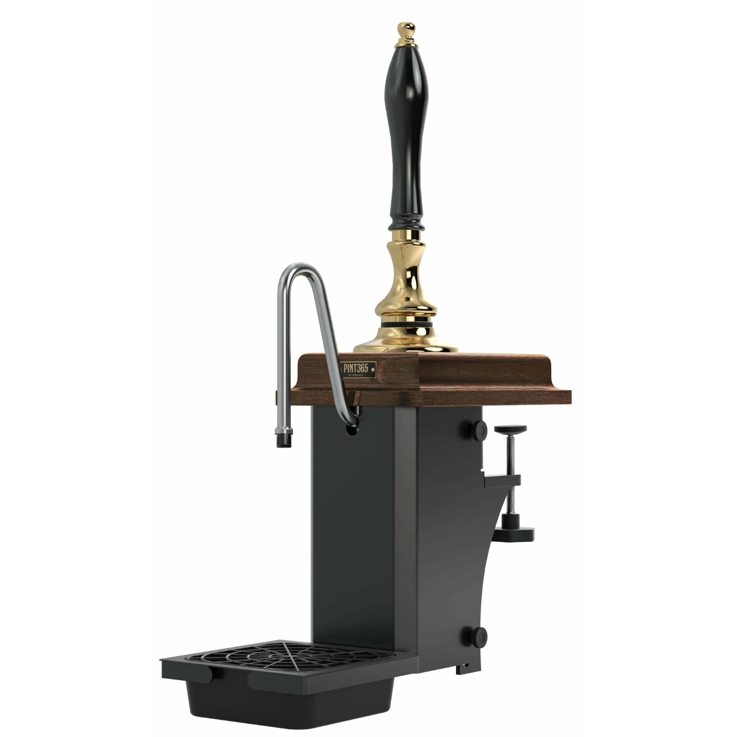 Cutout view of the Harry Mason Pint 365 Beer Pump featuring a brass finish, standard mahogany plinth and black plastic handle, combining traditional style with modern fittings.