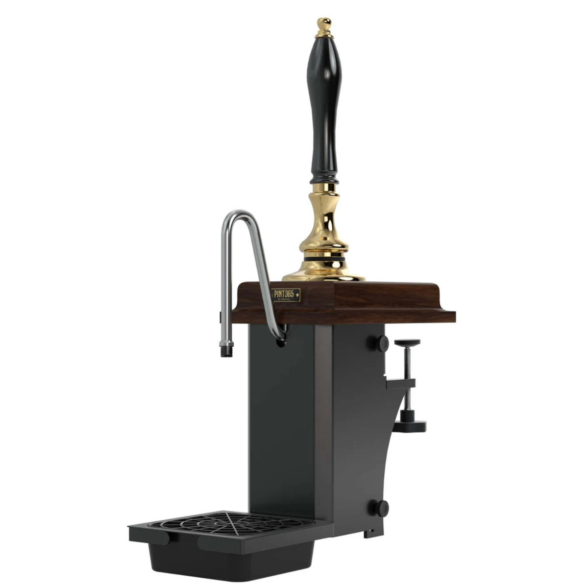 Cutout view of the Harry Mason Pint 365 Beer Pump featuring a brass finish, wooden mahogany plinth and black plastic handle, combining traditional style with modern fittings.