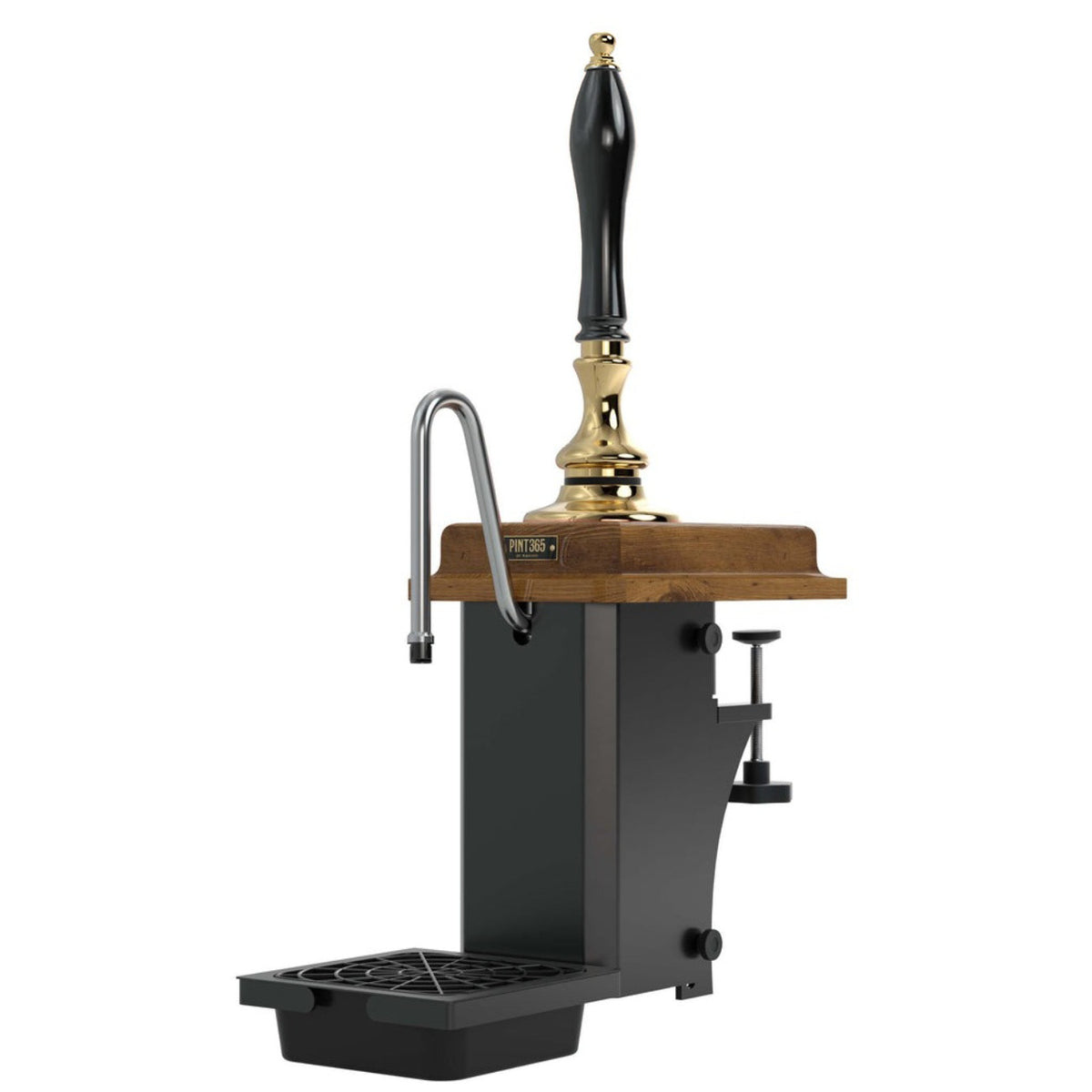 Cutout view of the Harry Mason Pint 365 Beer Pump with Brass finish, wooden oak plinth and black plastic handle, showcasing a clean, traditional dispense design.
