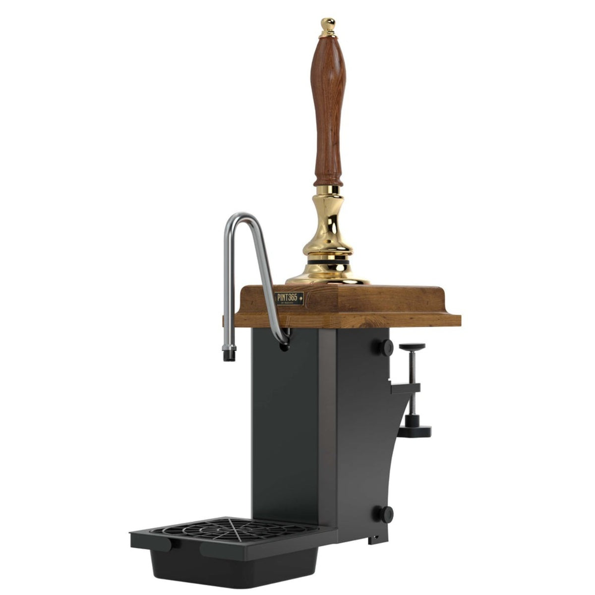 Cutout view of the Harry Mason Beer Pump in Brass finish, featuring a wooden oak plinth and traditional wooden truncheon handle.