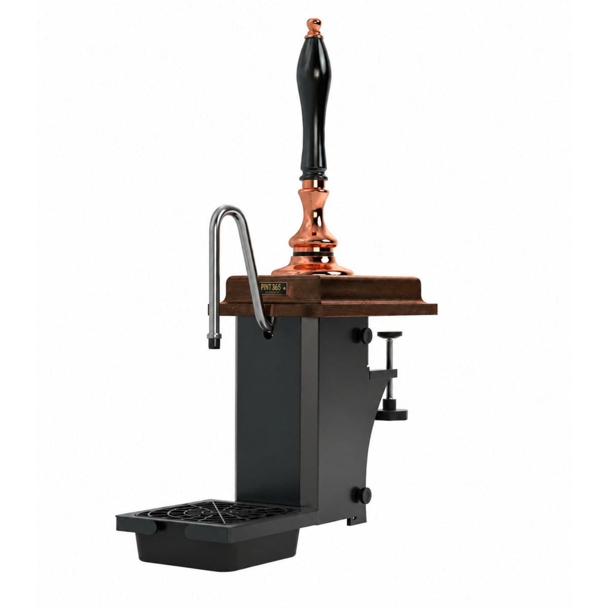 Cutout view of the Harry Mason Pint 365 Beer Pump in copper finish with standard mahogany plinth and black plastic handle, combining classic pub styling with polished copper accents.
