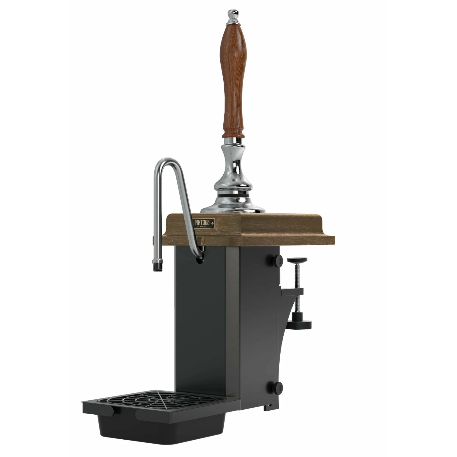 Front view of the Harry Mason Pint365 Beer Pump with standard oak plinth and wooden handle, showing chrome finish, drip tray, and compact countertop footprint.