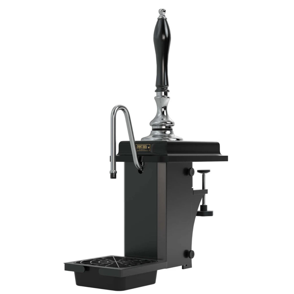 Front view of the Harry Mason Pint365 Beer Pump with black wooden plinth and black plastic handle, featuring chrome detailing, drip tray below, and sturdy clamp fixing.