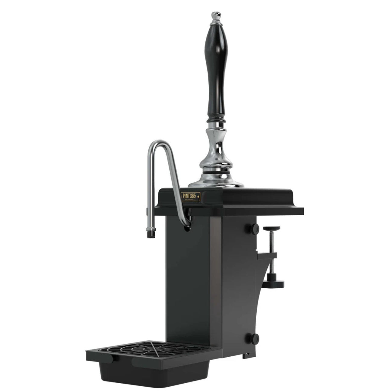 Front view of the Harry Mason Pint365 Beer Pump with black wooden plinth and black plastic handle, featuring chrome detailing, drip tray below, and sturdy clamp fixing.