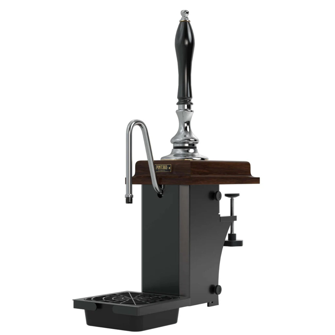 Front view of the Harry Mason Pint365 Beer Pump with mahogany wooden plinth and black plastic handle, highlighting chrome finish and traditional pub-style form.