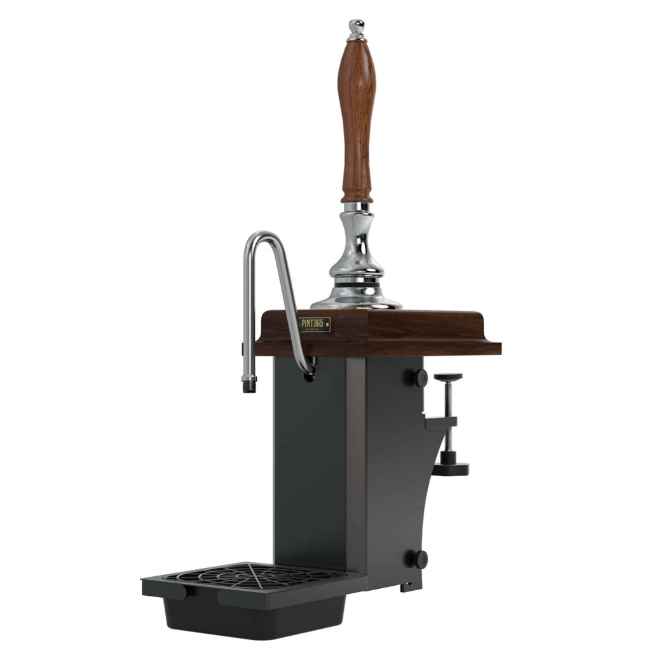 Front view of the Harry Mason Pint365 Beer Pump with wooden mahogany plinth and wooden truncheon handle, combining polished chrome details with classic hand-pulled styling.