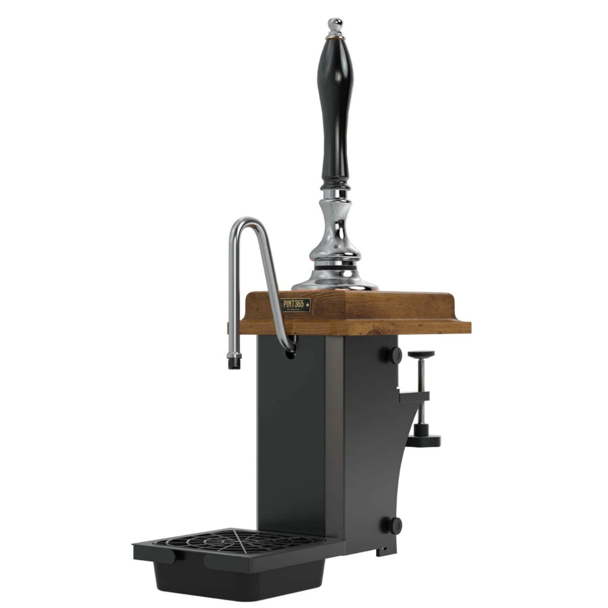 Front view of the Harry Mason Pint365 Beer Pump with wooden oak plinth and black plastic handle, showing chrome finish, drip tray, and compact countertop footprint.