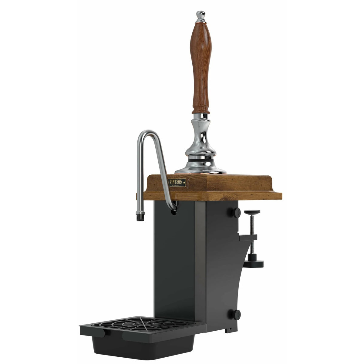 Front view of the Harry Mason Pint365 Beer Pump in Chrome with wooden oak plinth and wooden oak handle, drip tray, and compact countertop footprint.