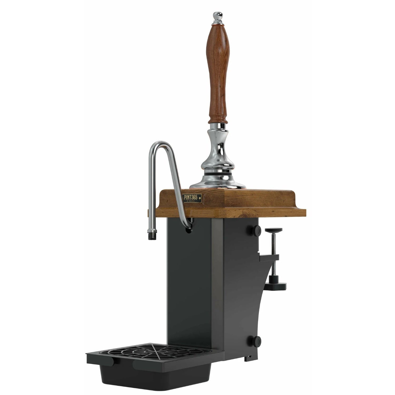 Front view of the Harry Mason Pint365 Beer Pump in Chrome with wooden oak plinth and wooden oak handle, drip tray, and compact countertop footprint.