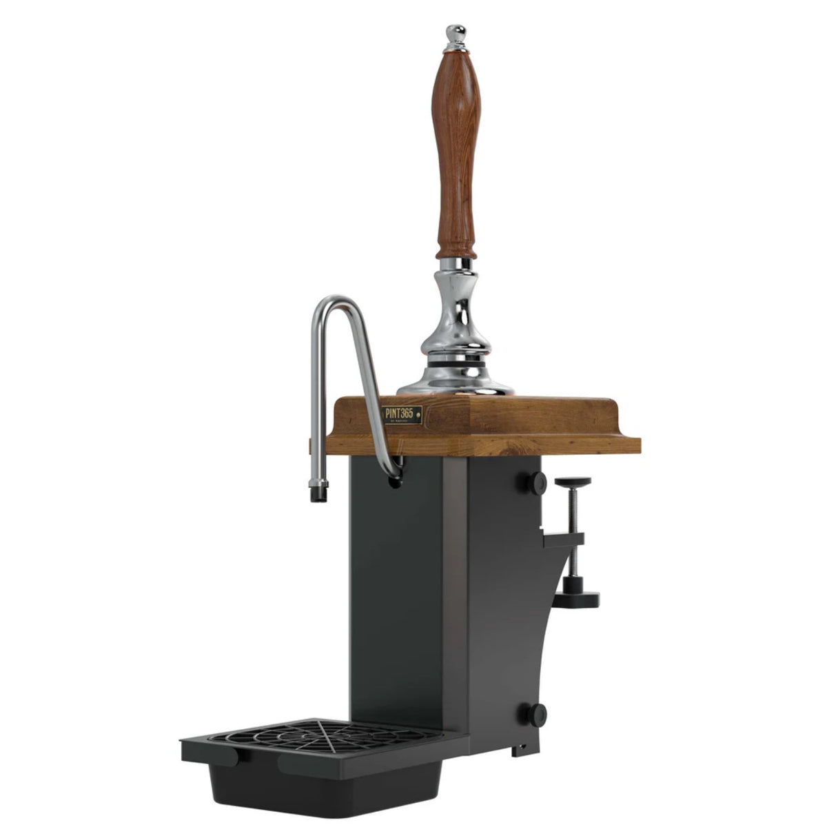 Front view of the Harry Mason Pint365 Beer Pump with wooden oak plinth and wooden truncheon handle, featuring chrome body and bar clamp mount.