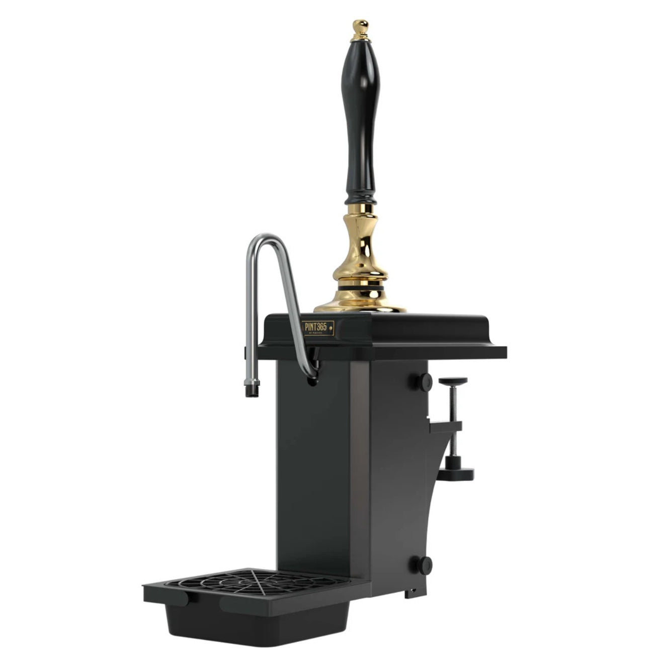 Cutout view of the Pint 365 deluxe hand pull with brass finish, wooden black plinth and black plastic handle, shown with integrated drip tray.