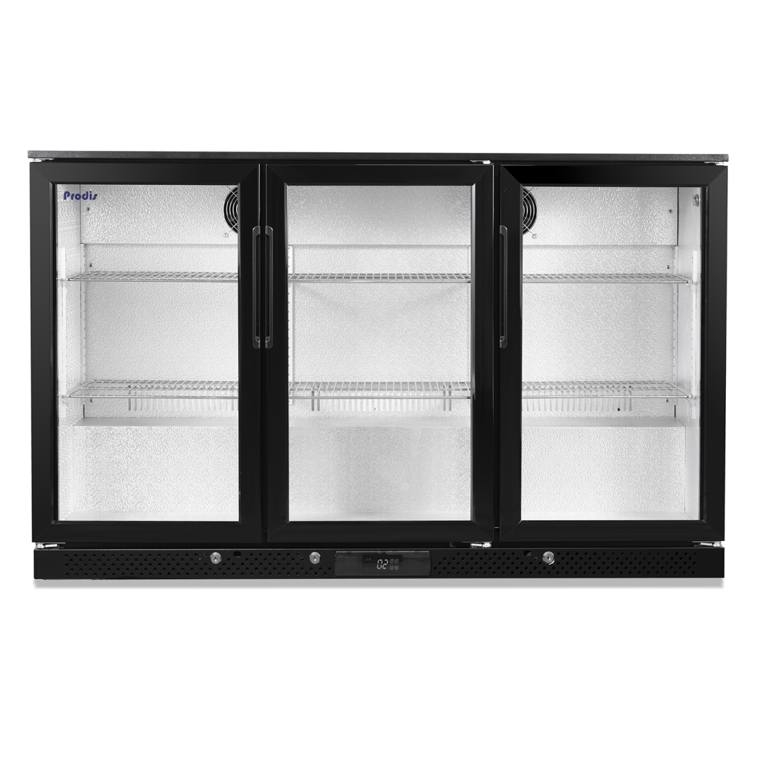 Front view of Prodis low energy triple door bottle cooler in black with double glazed doors and digital display.