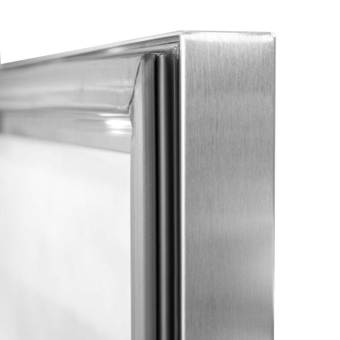 Close-up of Prodis triple door bottle cooler showing brushed stainless steel frame and insulated glass door seal detail.