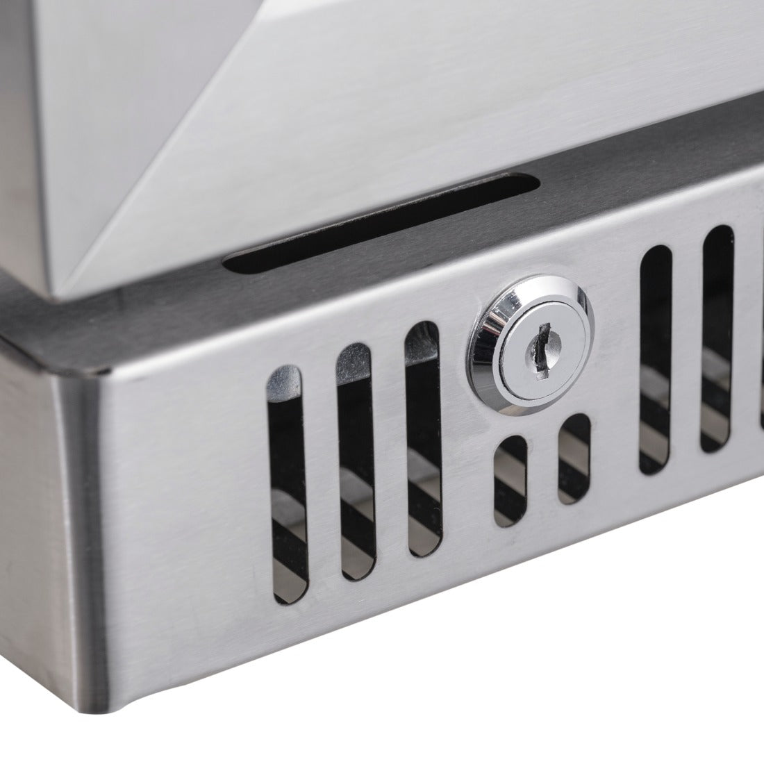 Close-up of lockable stainless steel door on Prodis triple door bottle cooler with vented grille and key cylinder.