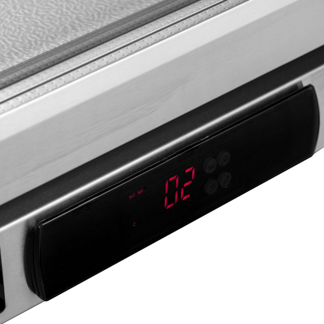 Digital temperature controller on Prodis triple door bottle cooler displaying internal setting within stainless fascia.