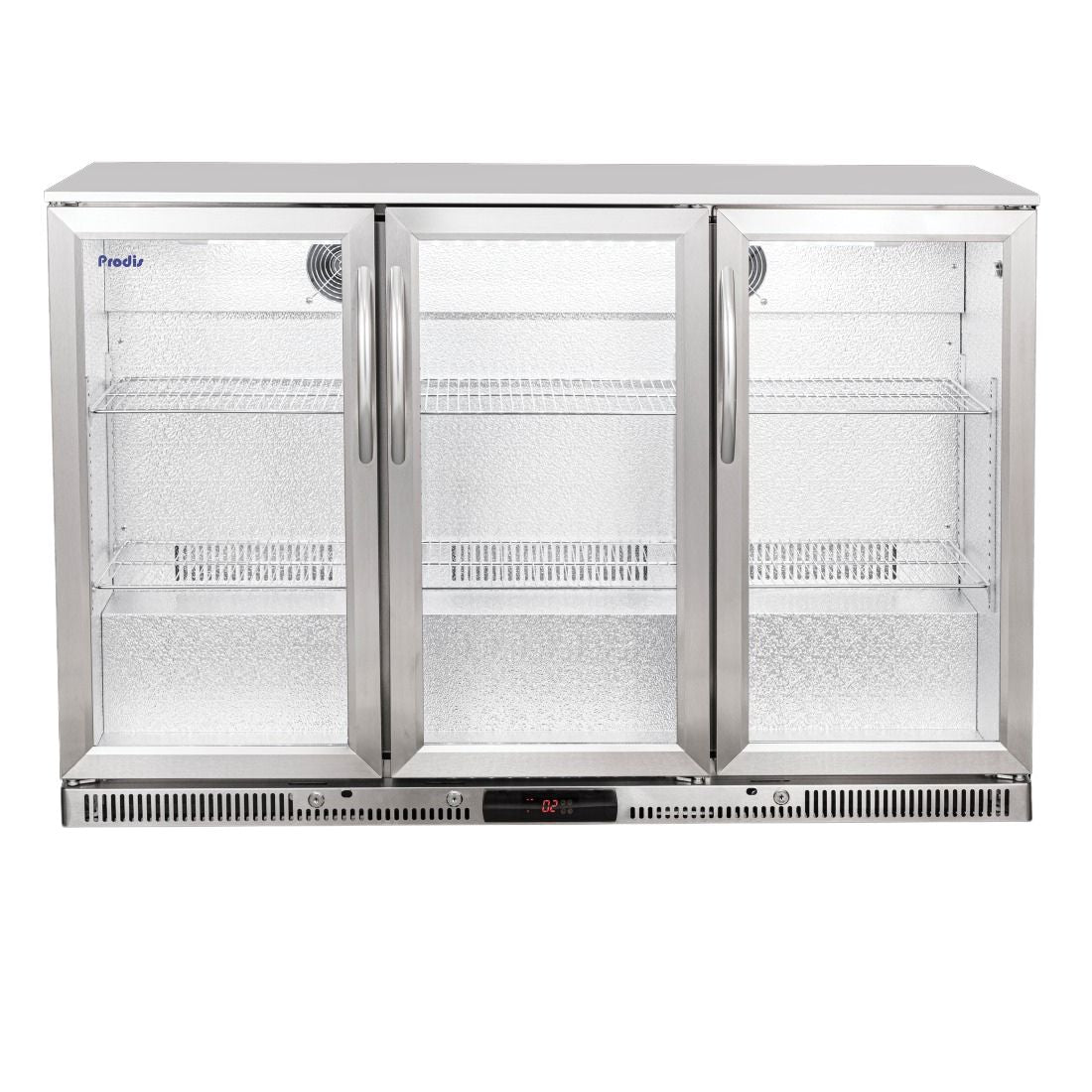 Front view of Prodis stainless steel triple door bottle cooler with double glazed doors, chrome shelves and digital display.