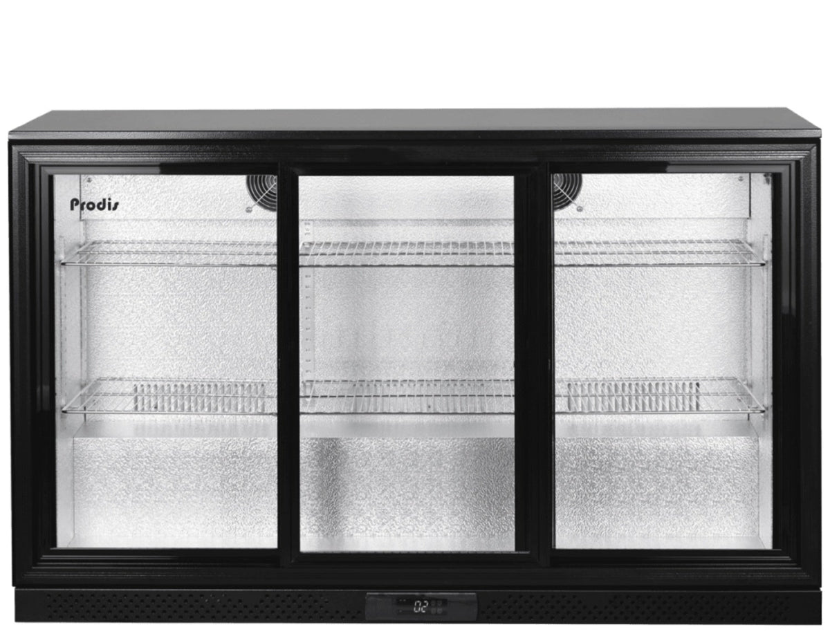 prodis triple sliding door bottle cooler showing displaying spacious storage and two tiered shelving