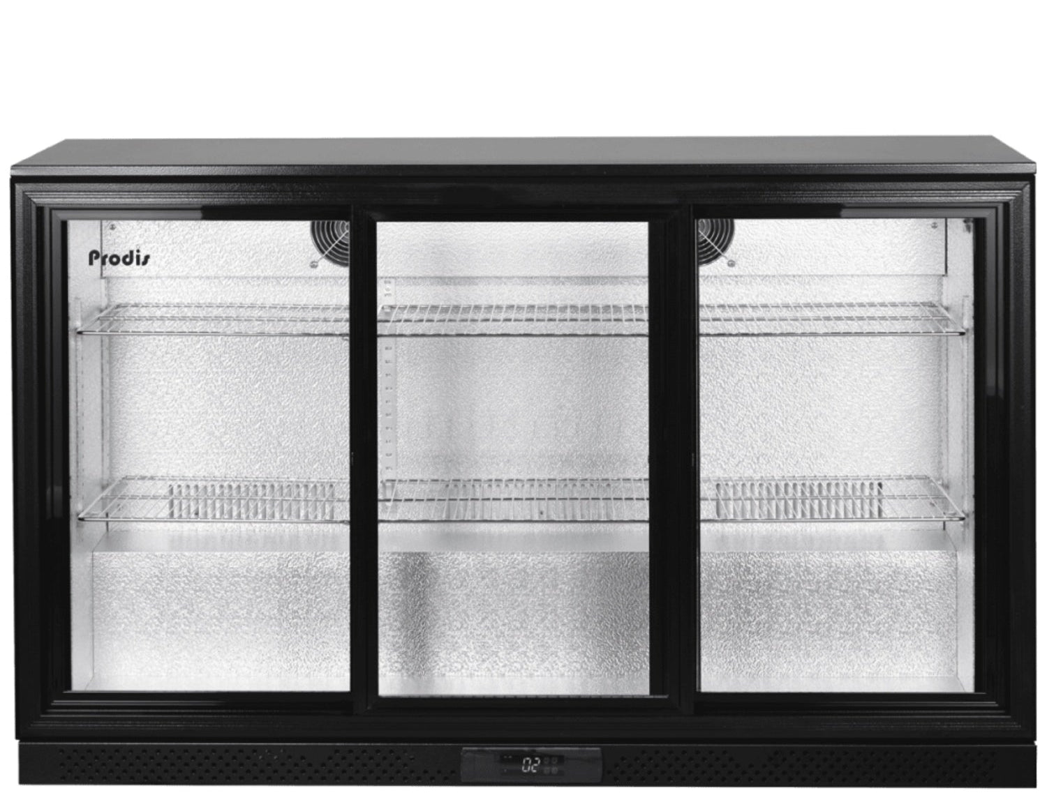 prodis triple sliding door bottle cooler showing displaying spacious storage and two tiered shelving